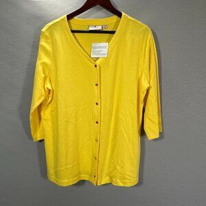 Quacker Factory Sweater Womens Large Yellow Cotton Cardigan Jeweled Snaps NEW